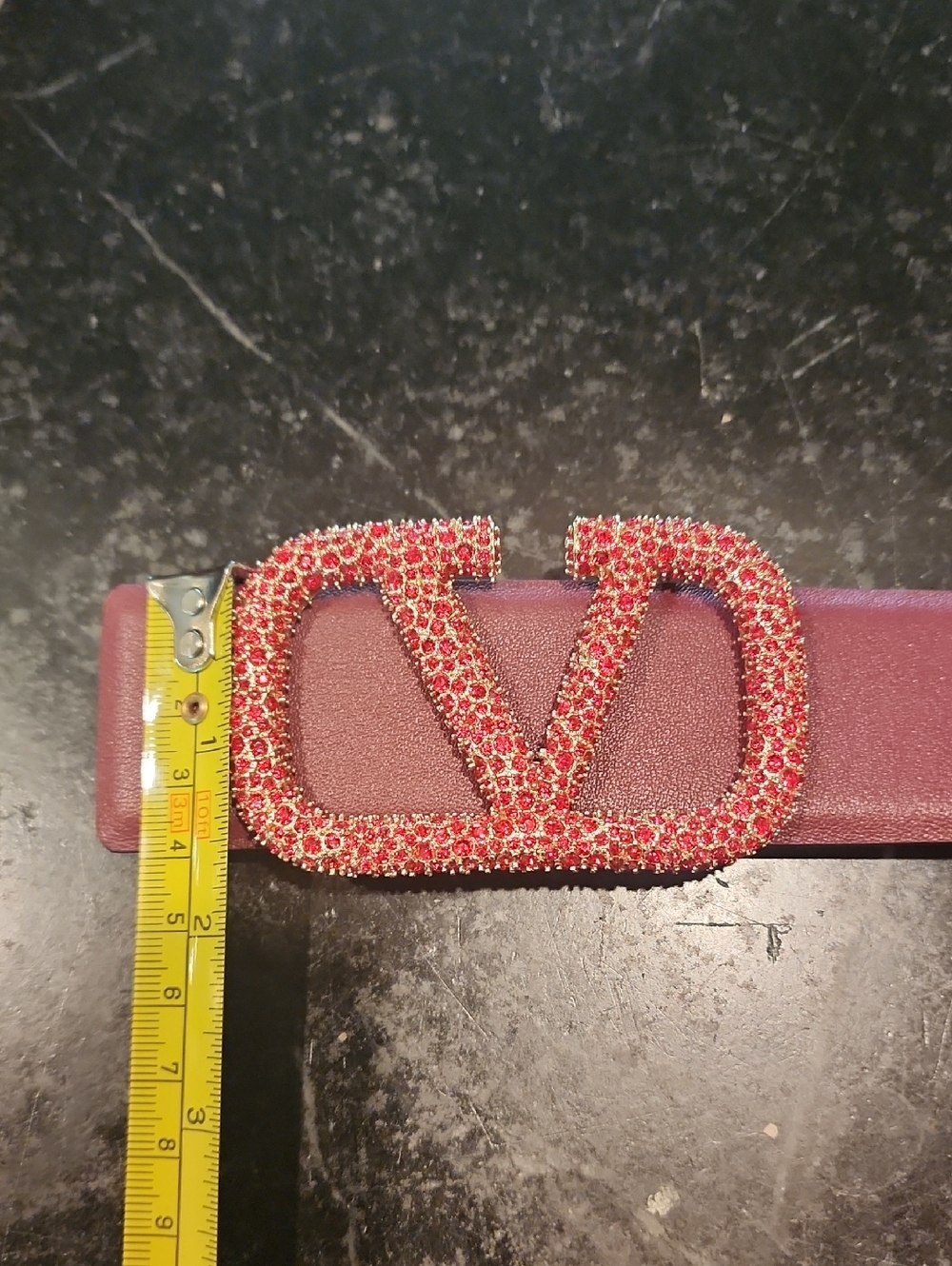 Red Crystal On Gold Logo Buckle Belt -Deep Burgundy Red Leather Designer Style - Picture 3 of 7